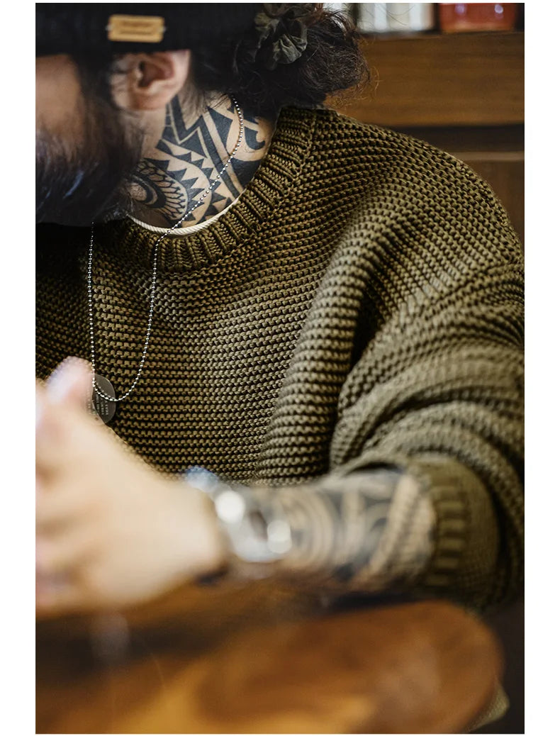 Maden Retro Heavyweight Knitted Sweater Loose Round Neck Pullover Warm Versatile Base Layer Knitwear for Men's Autumn and Winter