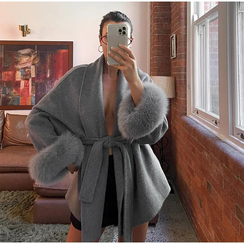 Elegant Lace Up Woolen Short Coat Solid Loose Lapel Furry Belt Long Sleeve Jacket Female 2025 Autumn Winter Lady Chic Cardigan