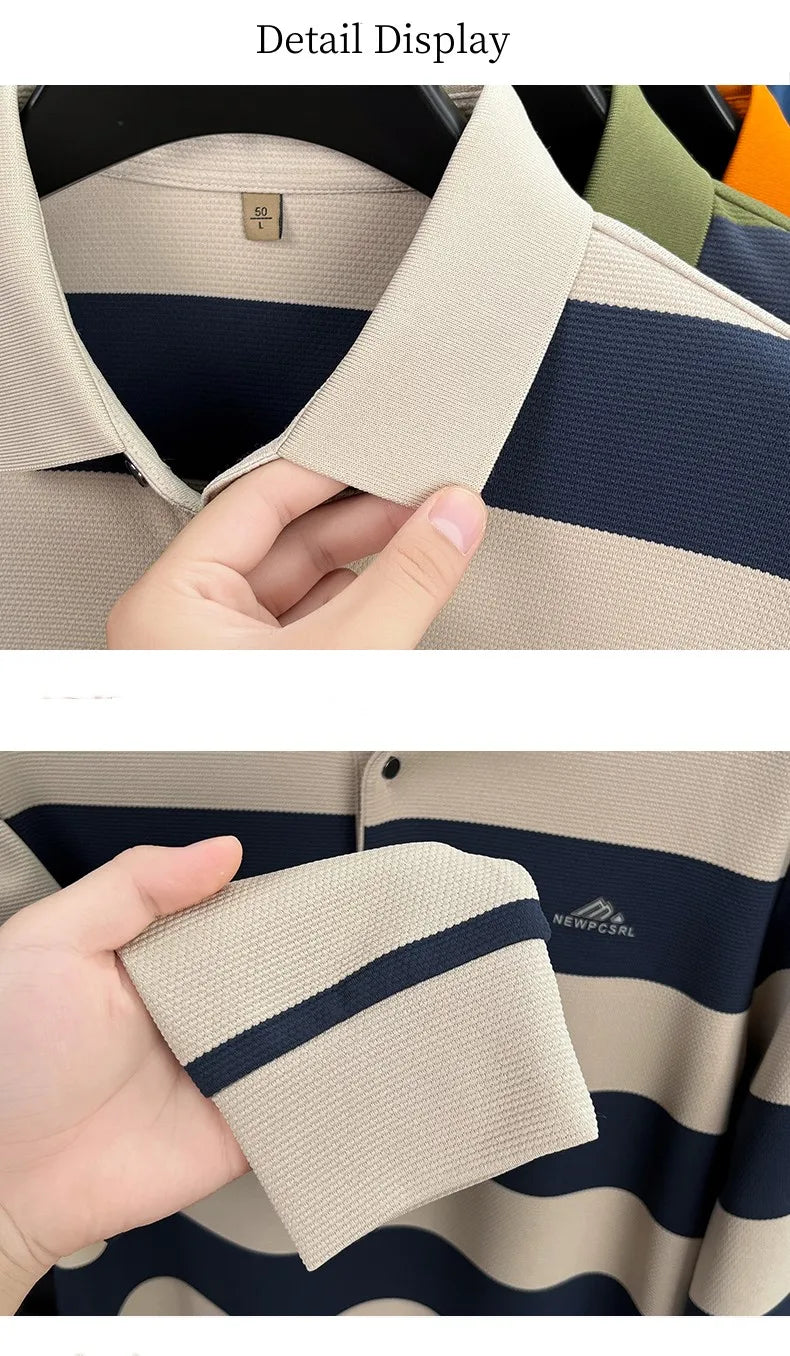 High end brand men's long sleeve polo shirt autumn fashion striped original letter design boutique golf casual business T-shirt