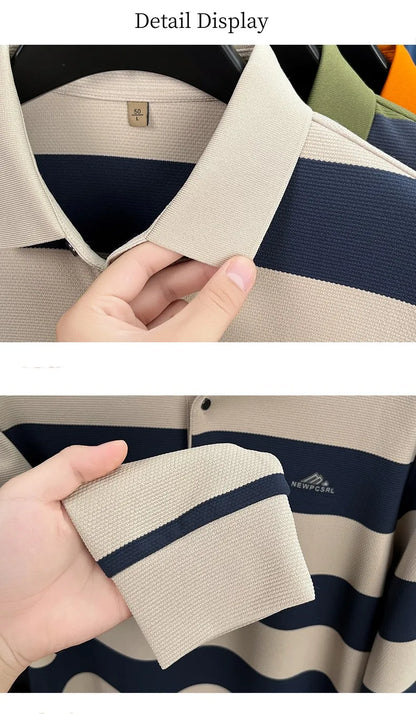 High end brand men's long sleeve polo shirt autumn fashion striped original letter design boutique golf casual business T-shirt