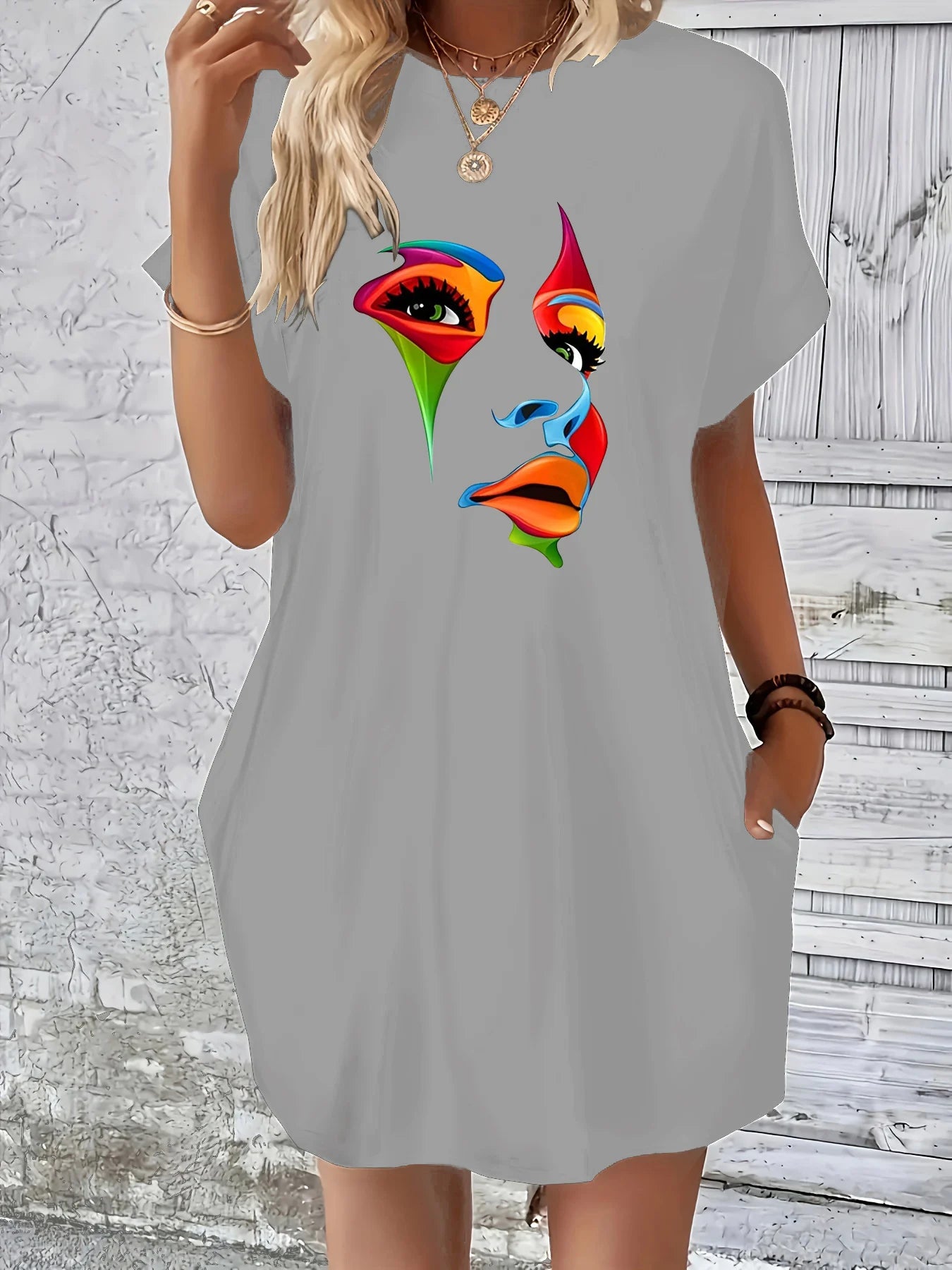 Women's Summer Loose Abstract Face Print Round Neck Short Sleeve Pocket Comfortable Casual Plus Size Dress