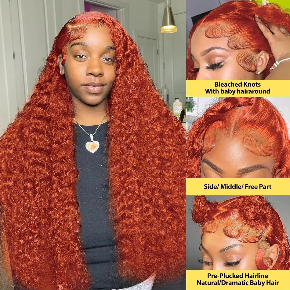 Orange colored Water wave 13x6 hd lace frontal human hair wig Preplucked deep wave 30 inch ginger lace front curly wigs on sale