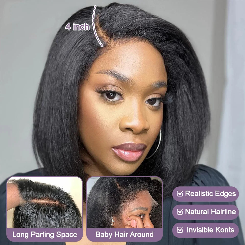 Kinky Straight Bob Wig Glueless 100% Human Raw Hair Tissage Wig HD Transparent Lace Closure Yaki Short Wig Perruques Vietnamese