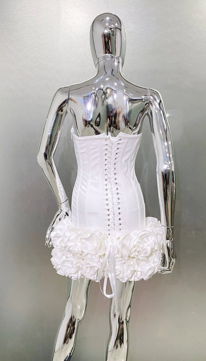 Stereoscopic Flowers Back Laceing Strapless Red Bandage Mini Evening Dress Sweet Woman Birthday Party Dress Performance costume