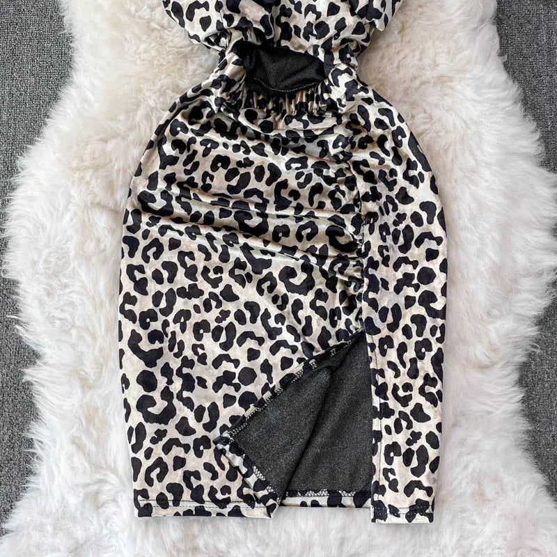 Leopard Print V-neck Sexy Bodycon Mini Dress Women Fashion Spring Autumn Sleeveless Cut Out Waist Backless Party Velvet Dresses