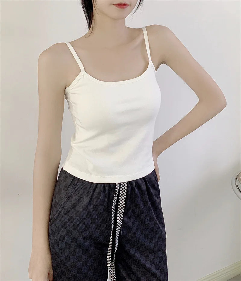 Women's Solid Color Spaghetti Straps Sleeveless Slim Camisole with Chest Pad Cotton Summer Wear Outside Female Short Tops Vests