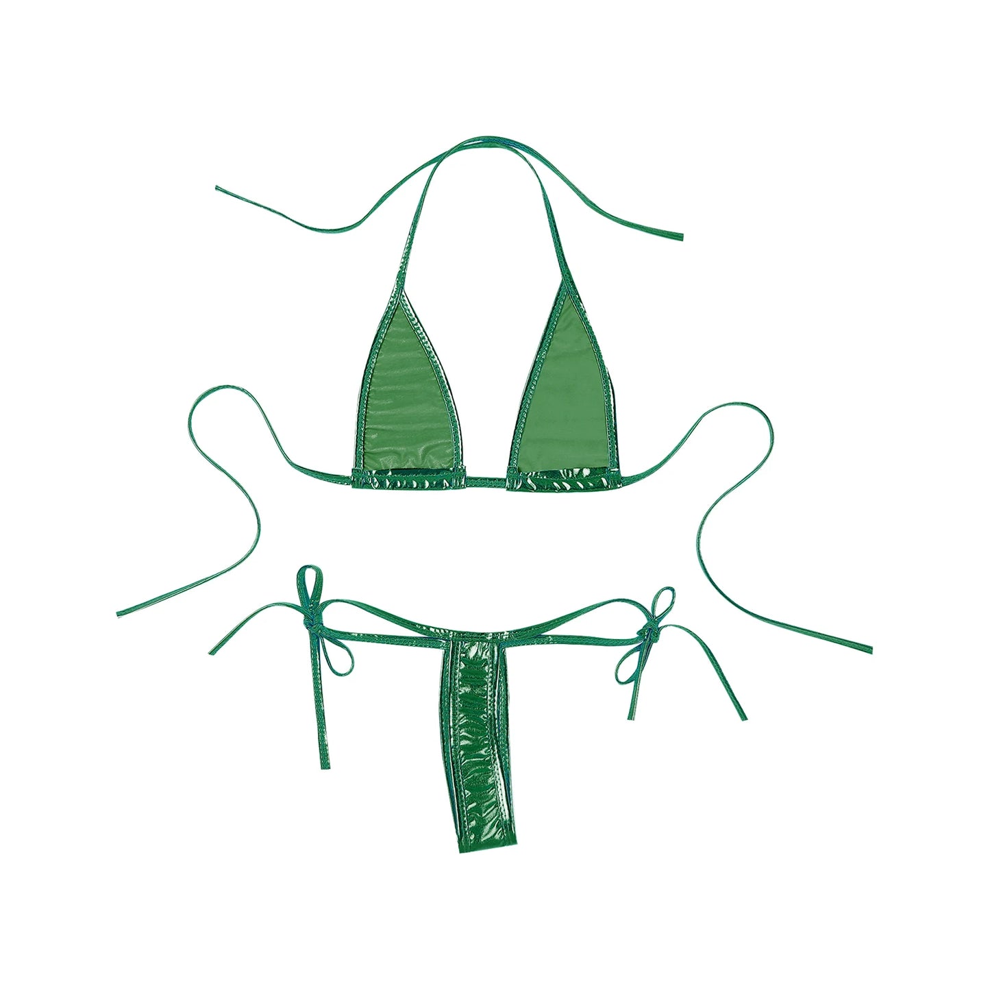 Womens Brazilian Micro Bikini Swimsuit Biquini Set Lacing Non-Padded Triangle Cup Bra Top with G-String Metallic Shiny Swimwear