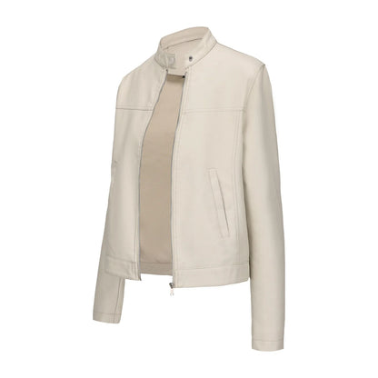 Black Women's Fitted Leather Jacket with Front Zipper & Side Pockets‌, Available in Brown, Navy Blue, and Beige.