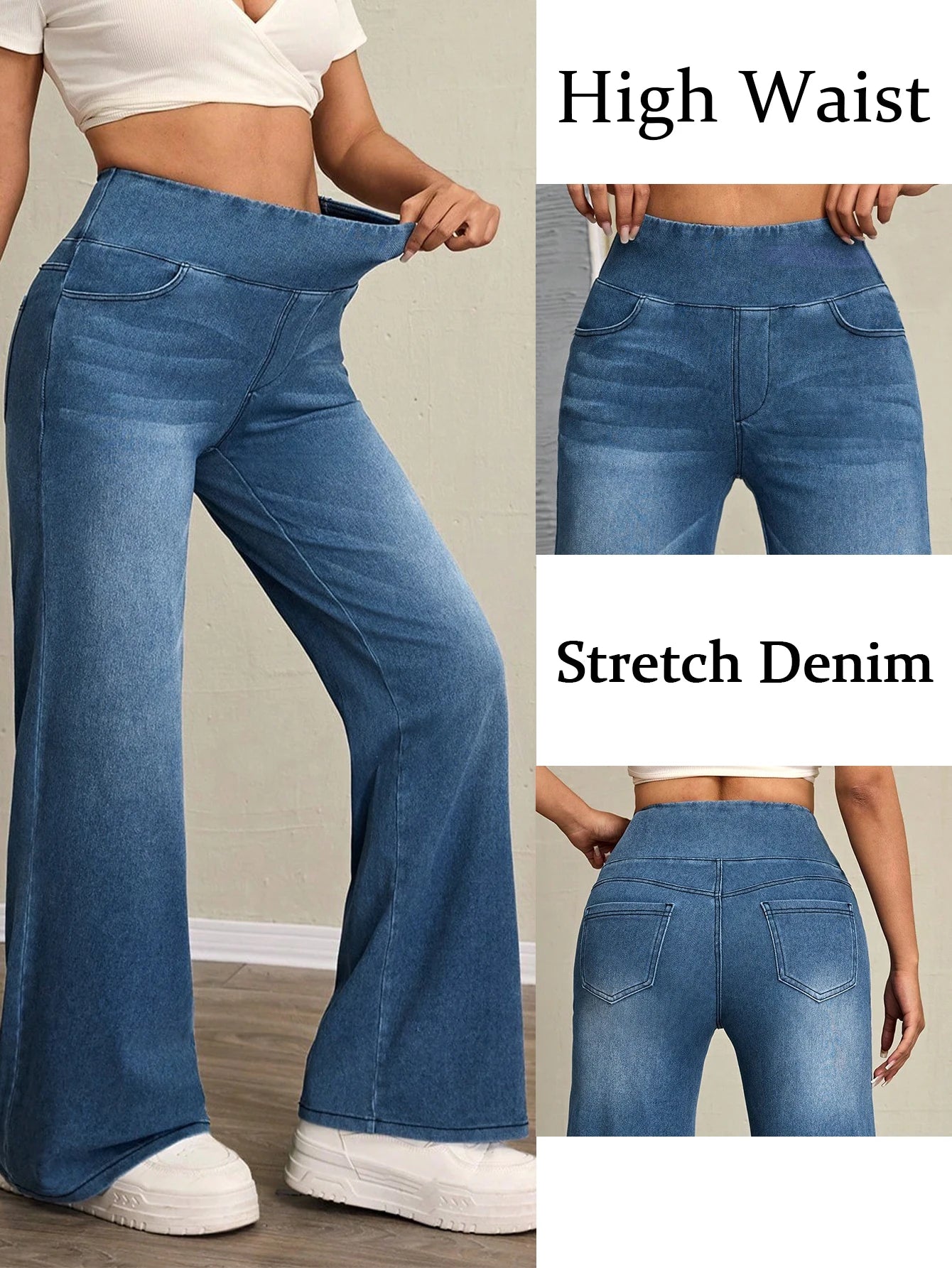 Women's high-rise wide-leg jeans with tummy tuck, slim fit, made from stretch denim fabric, are stylish for casual everyday wear