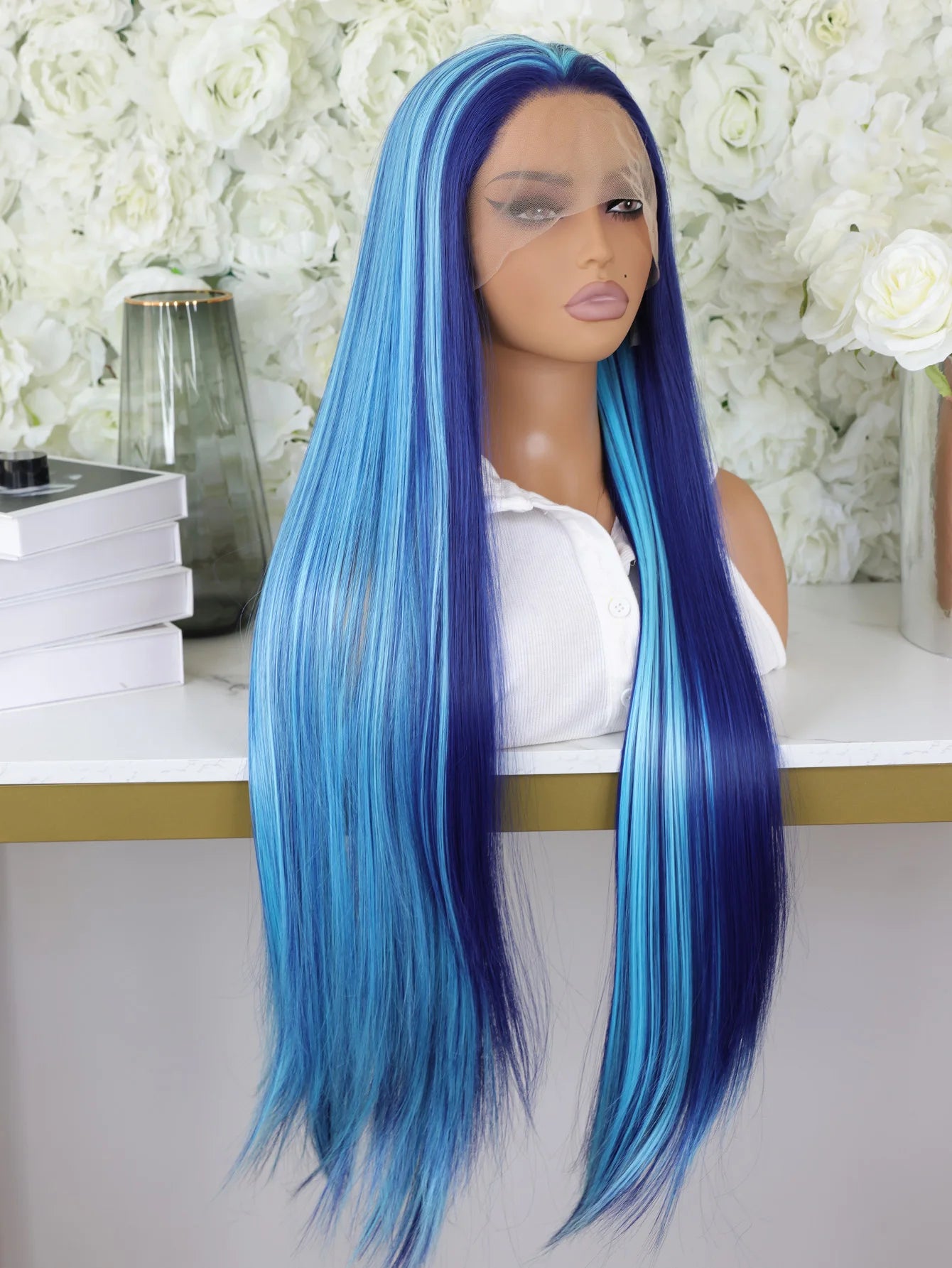 Highlight Blue Ombre Color 13X4 HD Lace Frontal Synthetic Wigs Women Cosplay Straight Prepluck Bleach Knots Baby Hair Glueless