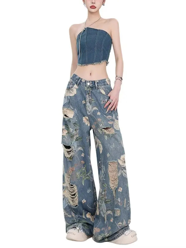 Women's Wide Jeans Ladies Vintage Casual American Baggy Jeans Y2k Woman Clothing Women's Denim Pants Shoujo Girl Style Jean Pant