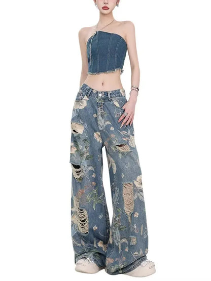 Women's Wide Jeans Ladies Vintage Casual American Baggy Jeans Y2k Woman Clothing Women's Denim Pants Shoujo Girl Style Jean Pant