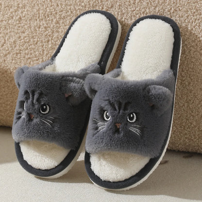 Cute Cartoon Cat Home Slippers for Women Open Toe Non Slip Wave Sole Faux Fur Slides Woman Autumn Winter Plush Indoor Slippers