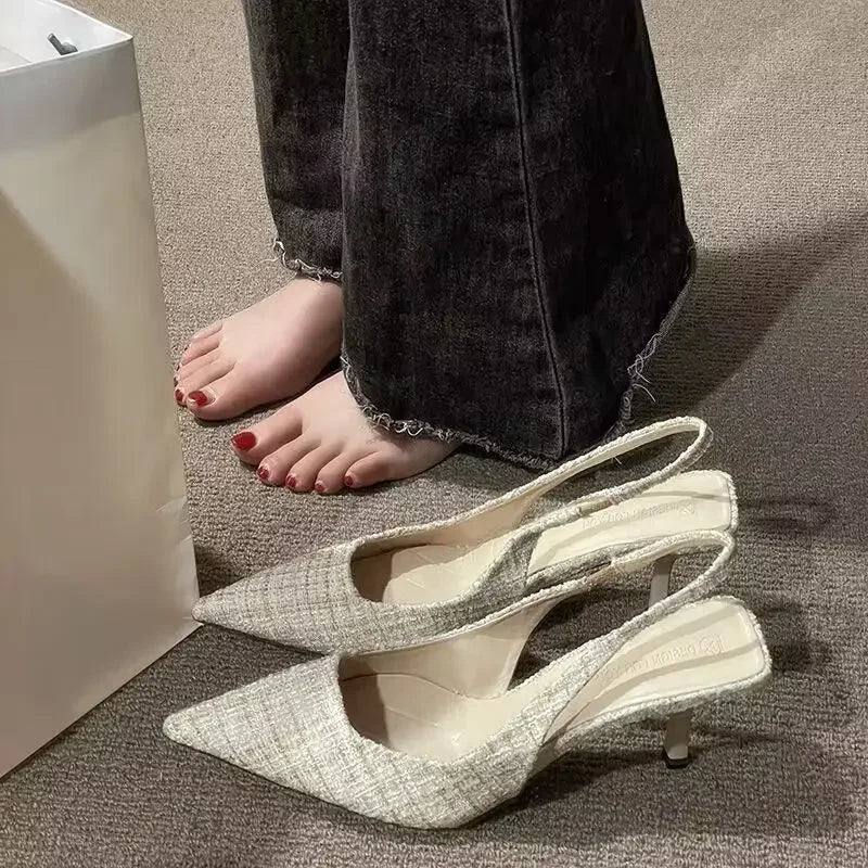 Fashion brand designed knitted platform heels for women, pointed-toe party shoes, comfortable large-size summer stiletto sandals