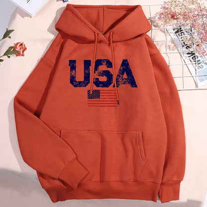 Usa Letters American Flag Stars And Stripes Hoodie Men Women Fleece Hoody Fleece Oversize Sweatshirt Autumn Pocket Clothes