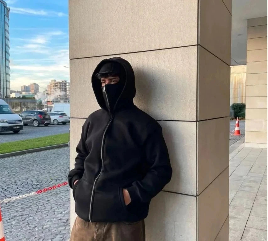 Men's and women's Balaclava Y2K Gothic Harajuku winter new item double hooded sweatshirt Unisex hooded mask zipper sportswear