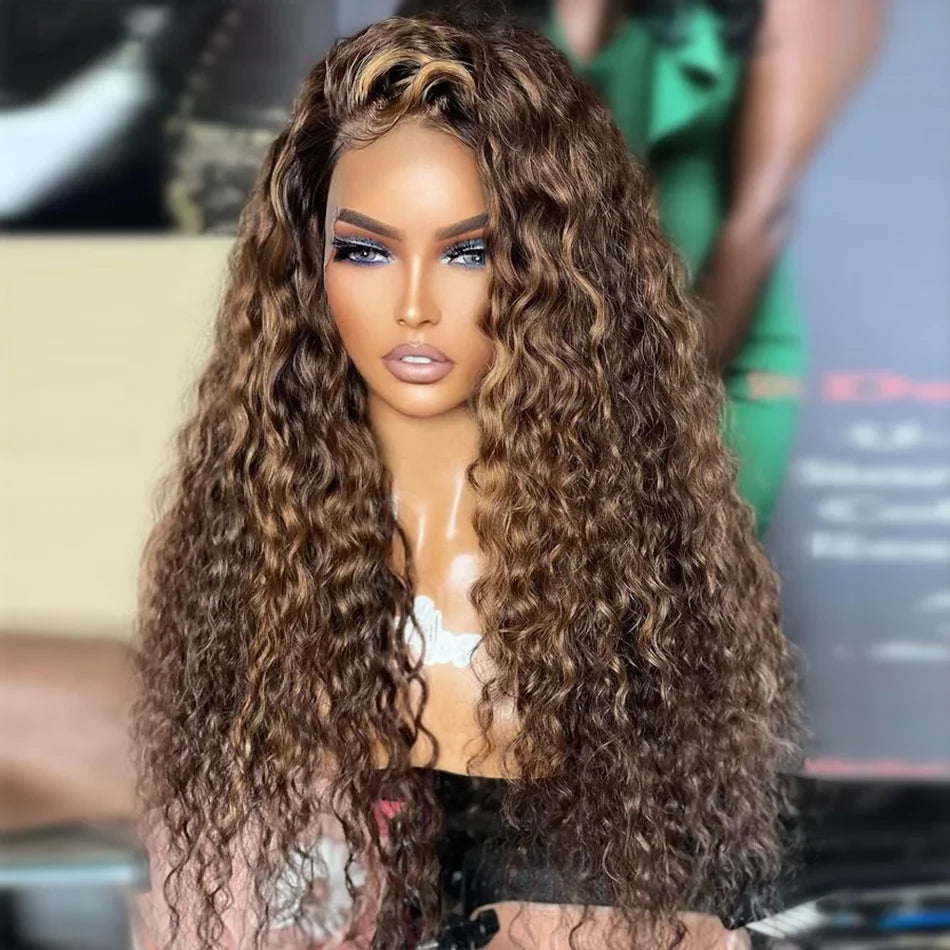 Long Highlight Blonde Brown Kinky Curly 180Density Lace Front Wig For Black Women Babyhair Natural Hairline Preplucked Glueless
