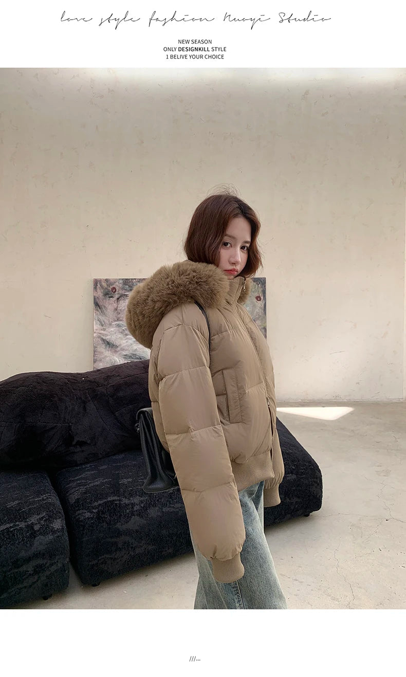 Casual Warm Fur Hooded Cropped Parkas Chic Streetwear Korean Style Down Cotton Coat Thicken Short Women's Winter 2025 Jacket