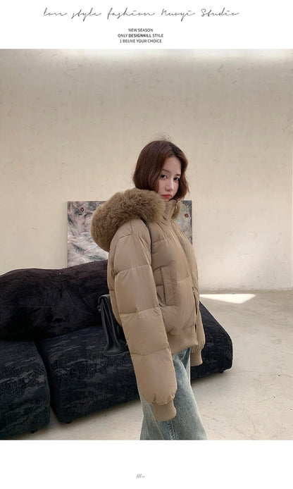 Casual Warm Fur Hooded Cropped Parkas Chic Streetwear Korean Style Down Cotton Coat Thicken Short Women's Winter 2025 Jacket