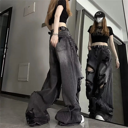 Unique Cool Ripped Jeans Women's Summer Distressed American Style Bell Bottoms Loose Fit Versatile Straight Leg Long Pants