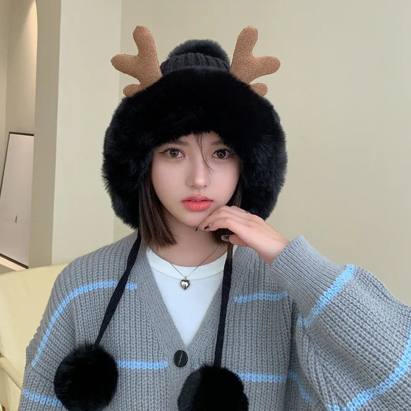 Knitted Hat Beanie Winter Warm Fleece Lined Reindeer Antlers Korean Style Cute Christmas Party Women Girls Thickened Thermal