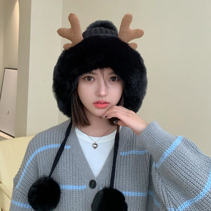 Knitted Hat Beanie Winter Warm Fleece Lined Reindeer Antlers Korean Style Cute Christmas Party Women Girls Thickened Thermal