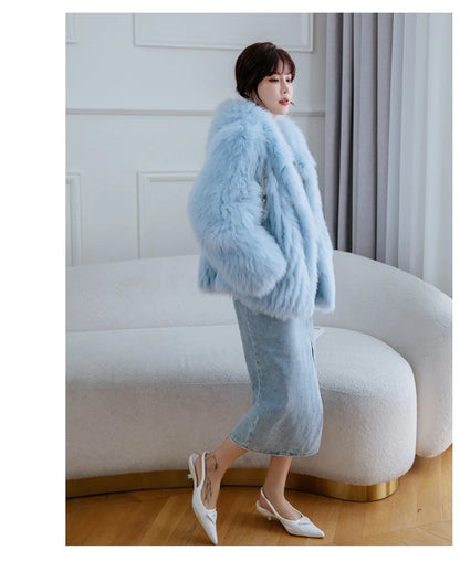 Fox Fur Coat Women's Winter Fashion Warm 100% Fox Fur Coat Hooded Long Sleeved Sweet Women's Luxury Designer Coat