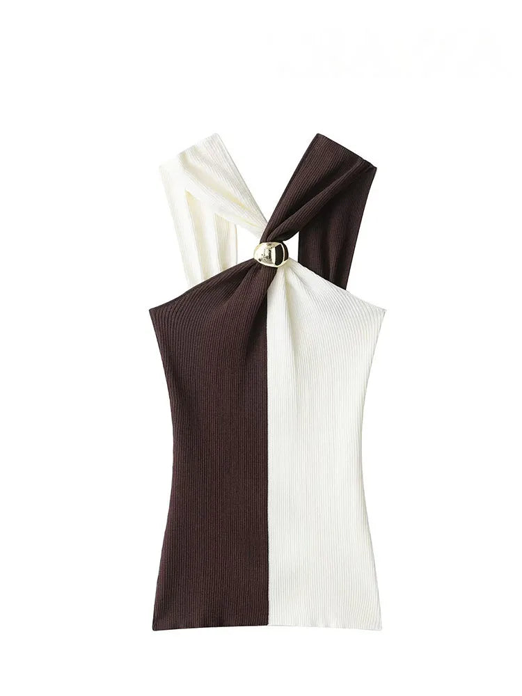 HH 2026 Women's Summer New Fashion Chic Knitted Tops Hang-Neck Collar Sleeveless Backless Female Sexy Short Tops 2 Color