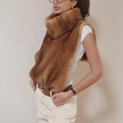 Casual Solid Faux Fur Vest Women Fashion Leisure Sleeveless High Collar Loose Waistcoat Lady Daily New Chic Highstreet Vests
