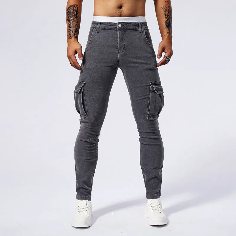 Street Elastic Jeans Men Denim Cargo Pants Wash Solid Color Multi Pockets Casual Mid Waist Trousers Slim Fit Daily Wear Joggers