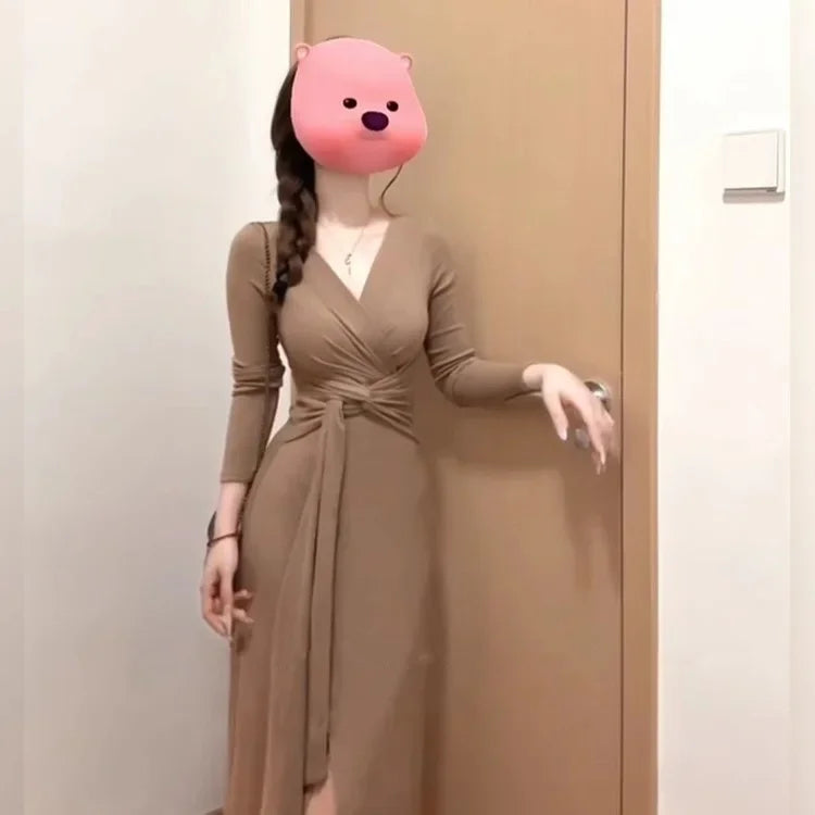 Elegant French V-neck Knot Slimming Base Layer Wrap around Skirt Long Sleeve Uneven Waist Cinched Gentle Dress