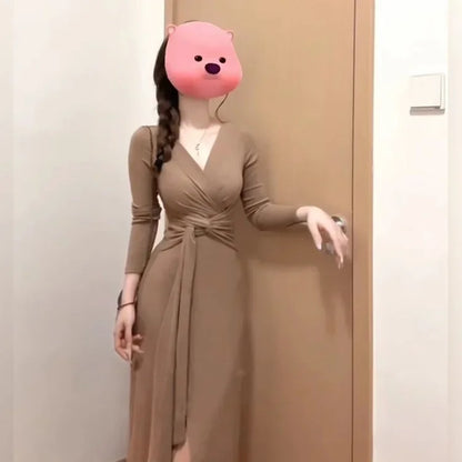 Elegant French V-neck Knot Slimming Base Layer Wrap around Skirt Long Sleeve Uneven Waist Cinched Gentle Dress