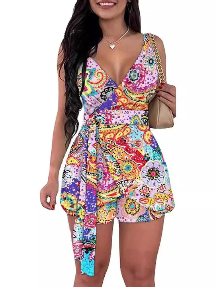 Spring Summer Women's New Fashionable Printed Sexy V-neck Strap Up Waist Sleeveless Strap Top Casual Shorts Set