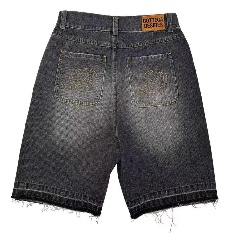 Deeptown Y2k Vintage Harajuku Denim Shorts Women Washed Letter Embroidery Tassels American Retro Jeans Man Baggy Hip Hop Jorts