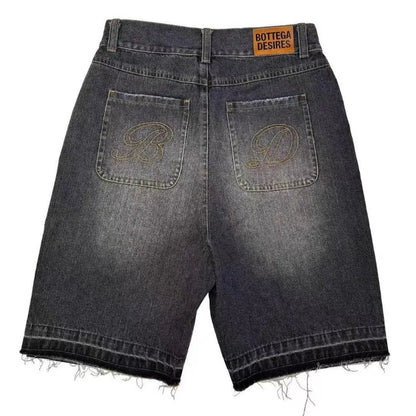 Deeptown Y2k Vintage Harajuku Denim Shorts Women Washed Letter Embroidery Tassels American Retro Jeans Man Baggy Hip Hop Jorts