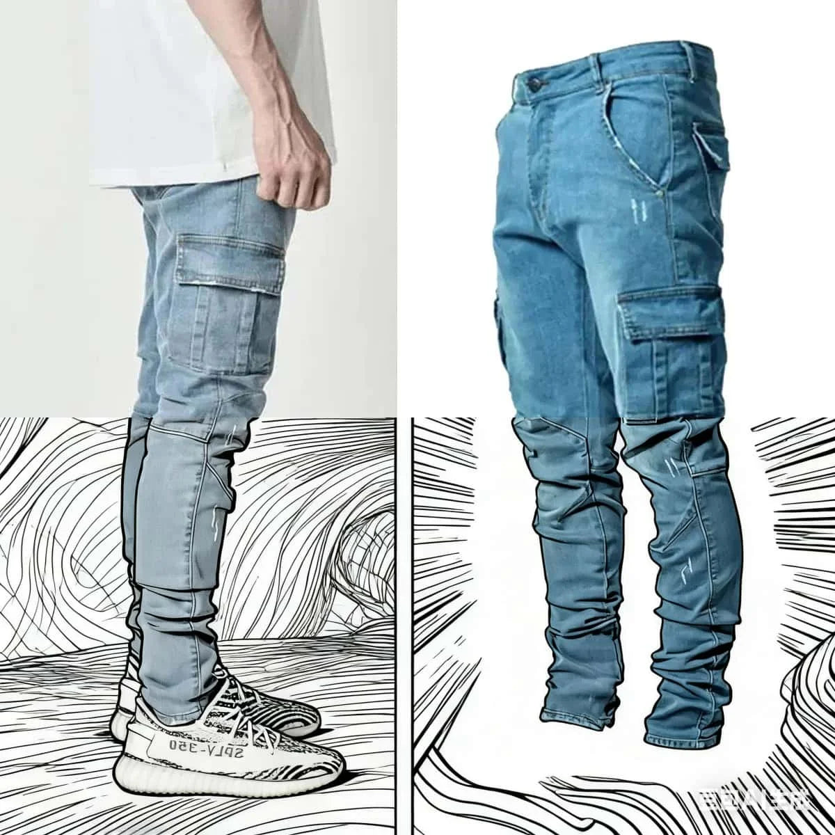 Men Street Elastic Denim Jeans Wash Solid Color Multi Pockets Cargo Pants Casual Slim Fit Daily Wear Joggers Mid Waist Trousers