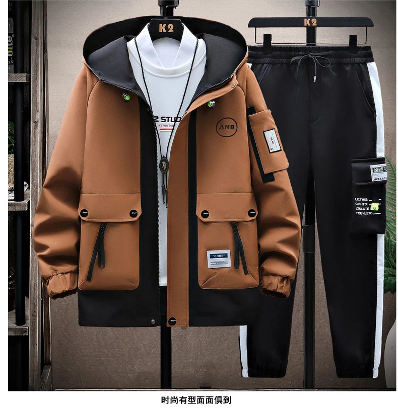 Autumn Casual Men Sets Two Pieces Fashion Korean Trend Hooded Jacket + Pants Spring Sweatshirt Sportswear Man Suit