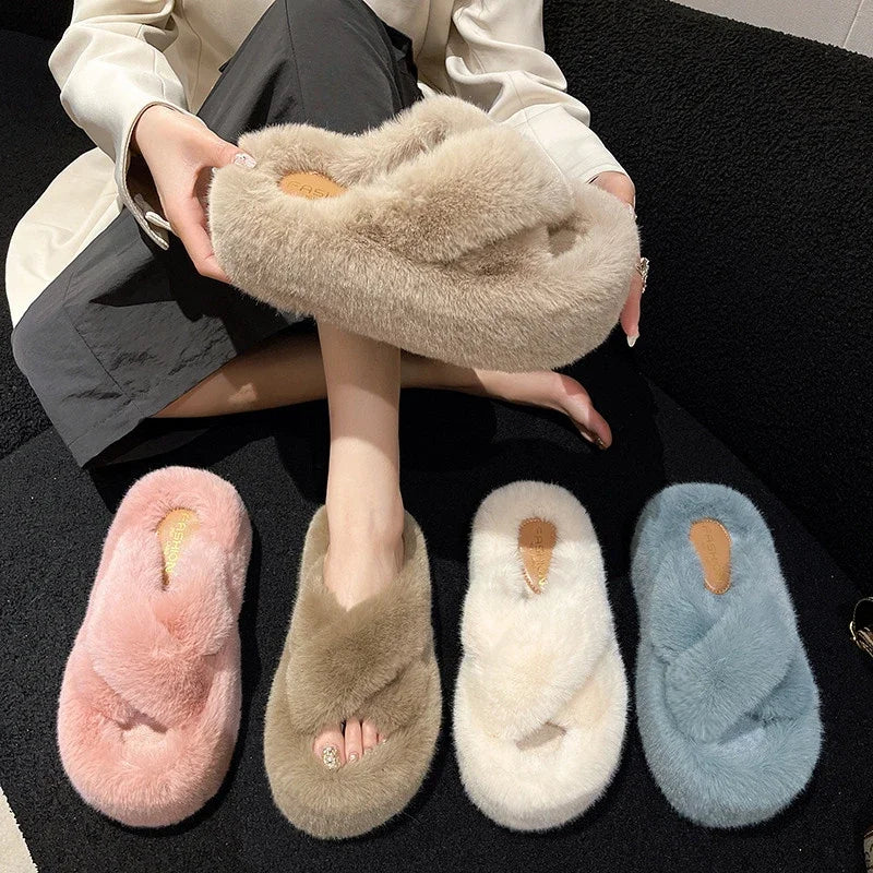 Woman Furry Ladies Faux Fur Luxury Fluffy Plush Slipper House Soft Fuzzy Girl Platform Indoor Flat Casual Sabot Round Toe Winter
