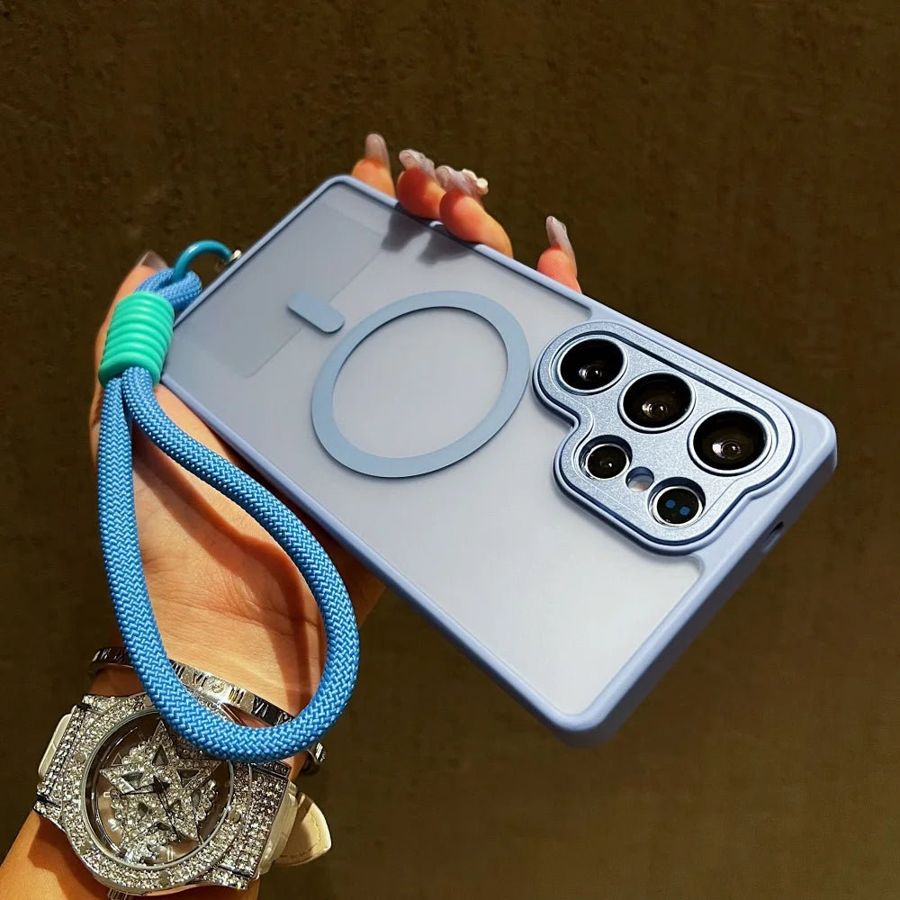 Wrist Strap Cord Magnetic Matte Translucent Armor Case For Samsung S25 Ultra S24 FE S23 Plus For Magsafe Wireless Charge Cover
