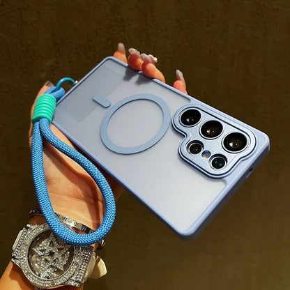 Wrist Strap Cord Magnetic Matte Translucent Armor Case For Samsung S25 Ultra S24 FE S23 Plus For Magsafe Wireless Charge Cover