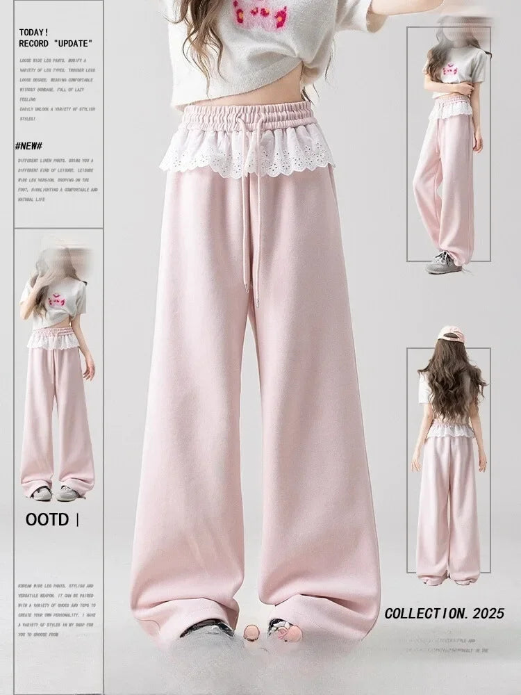 Pink Lace Splicing Design Wide Leg Pants Women's Loose Casual Sweatpants Spring New Style Slimming Effect Comfortable Fit