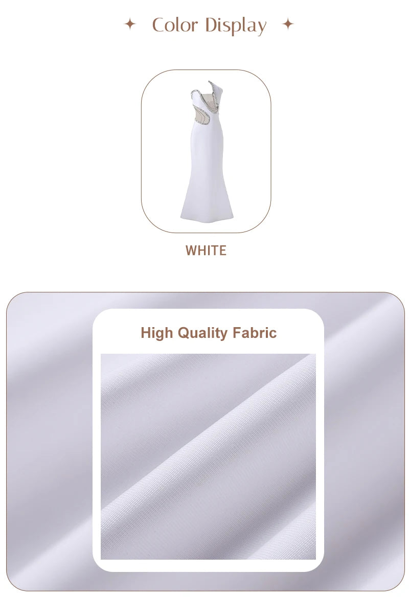 Women Mermaid Sexy White Sleeveless Bandage Long Dress Mesh Backless Strapless Diamonds Bodycon Party Evening Wedding Gowns