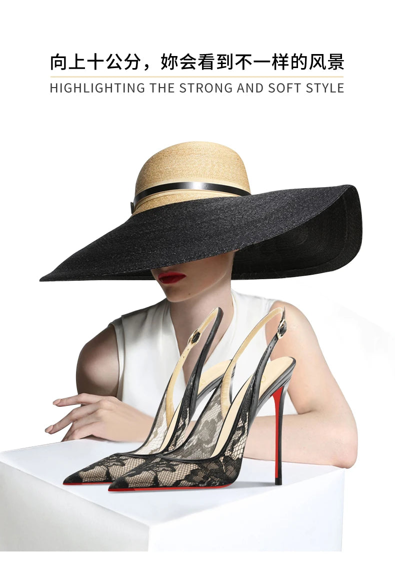 Black lace high-heeled sandals with pointed toes, thin heels, and shallow mouth, comfortable to wear with just one foot