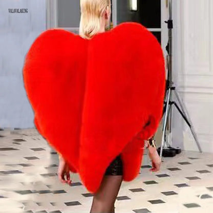 2025 Women Winter Furry Red Heart Faux Fur Coat Female Plus Size Sleeveless Plush Jacket Lady Large Loose Warm Fluffy Cardigan