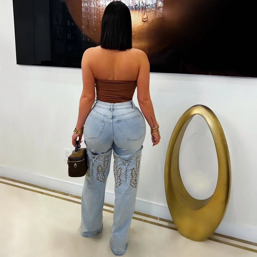 2025 & 2026 Summer Fashion Woman Vintage Embroidery Denim Trousers Casual High Waist Straight Leg Jeans Women Street Clothes Jean Pants