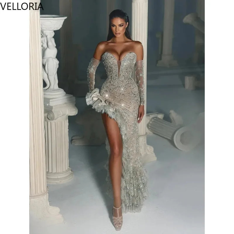 Sparkly Silver Champagne Evening Dress Corset Bodice Ruffled Slit Beaded Mermaid Formal Gowns Wedding Reception Vestidos Custom