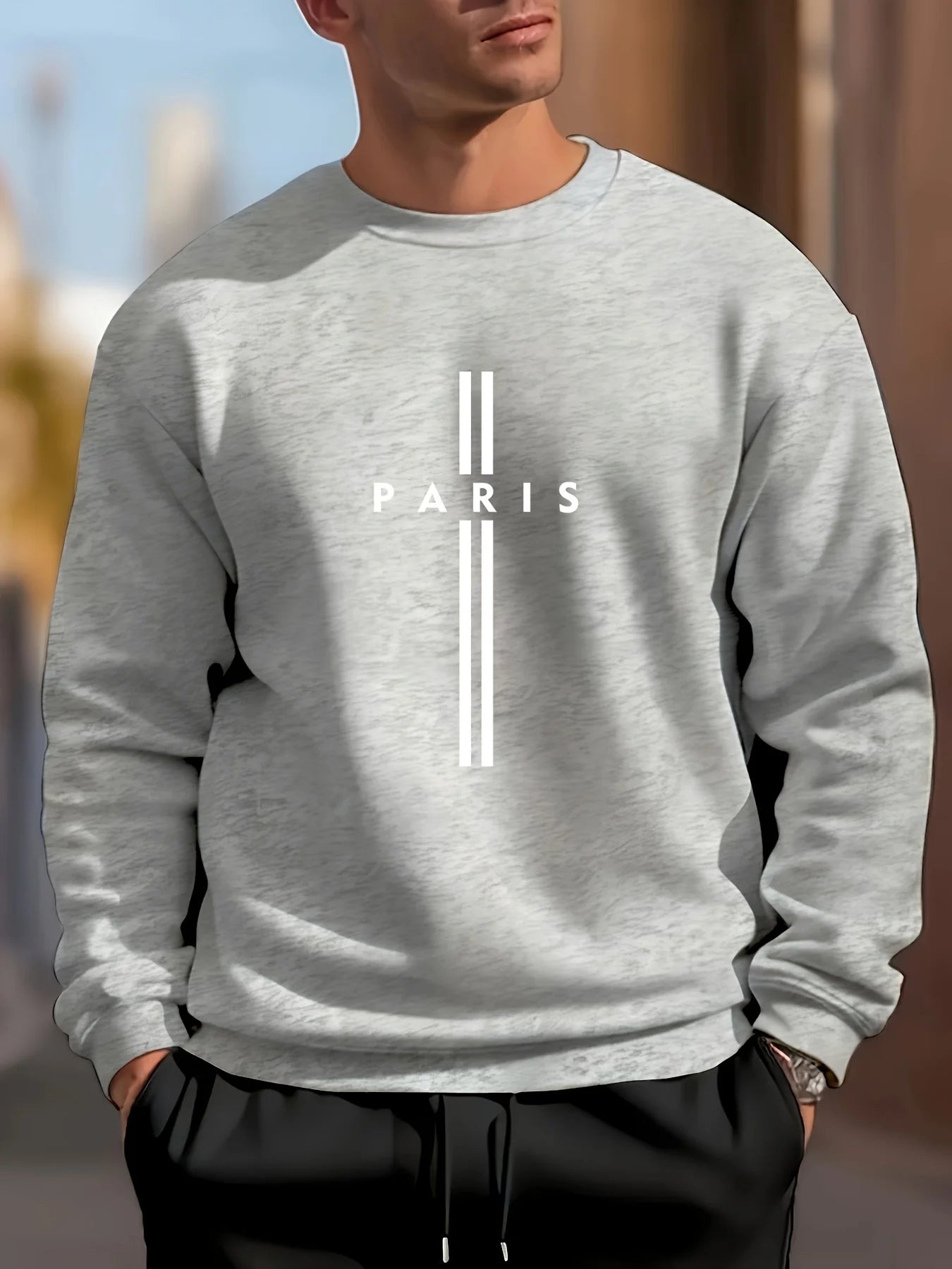 Men's autumn and winter fashionable casual loose Paris letter print fleece pullover long sleeved round neck sweatshirt