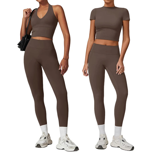 2 Pieces Women Yoga Set Workout Sportswear Gym Clothing Fitness Short Sleeve Crop Top High Waist Leggings Sport Suits