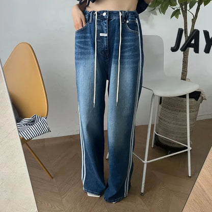 Retro High Waist Wide Leg Jeans Women's Cool Spicy Faionable Distred Straight Floor-Length Pants Dstring Side Stripe ...
