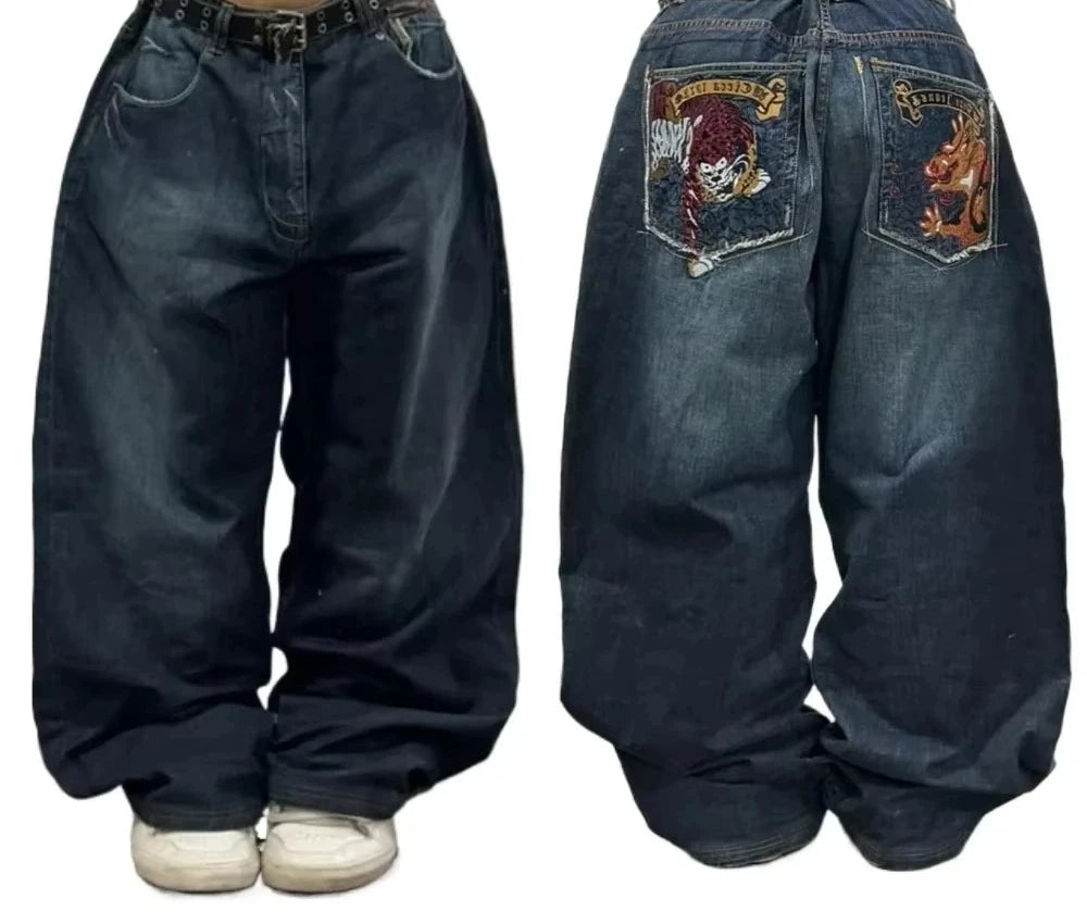 Harajuku Vintage Hip-hop Pop Letters Embroidered Washed Baggy Jeans Ladies Y2K Gothic Fashion Casual High Waist Wide Leg Pants